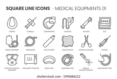 Medical equipments related, pixel perfect, editable stroke, up scalable square line vector icon set. 
