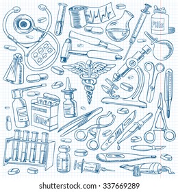 Medical equipments and tools in the freehand drawing style. Vector illustration