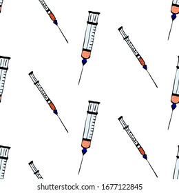 Medical equipments and tools seamless pattern in the freehand drawing style. Vector illustration