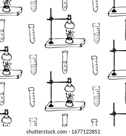 Medical equipments and tools seamless pattern in the freehand drawing style. Vector illustration