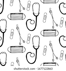 Medical equipments and tools seamless pattern in the freehand drawing style. Vector illustration