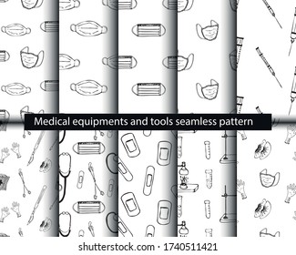Medical equipments and tools seamless pattern in the freehand drawing style. Vector illustration