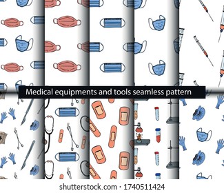 Medical equipments and tools seamless pattern in the freehand drawing style. Vector illustration
