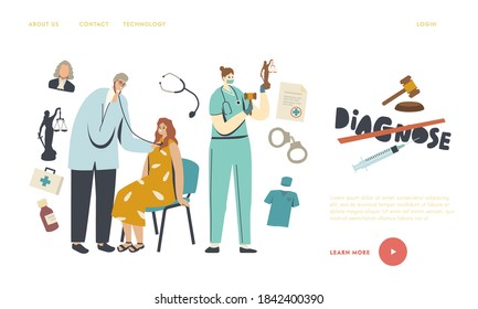 Medical Error, Improperly Prescribed Treatment Landing Page Template. Doctor Character with Stethoscope Listen Patient Heart. Nurse Hold Gavel and Statue of Themis. Linear People Vector Illustration