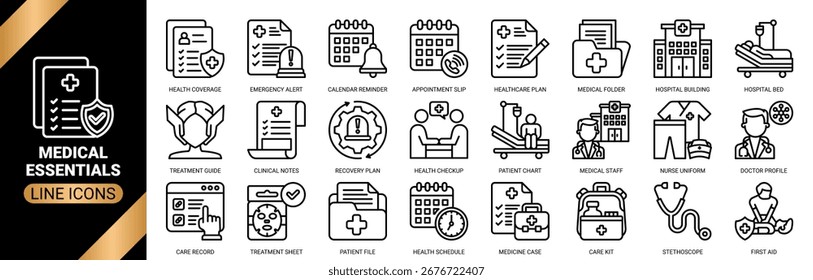 Medical essentials icon set collection in outline style. an icon pack containing icons of hospital building, stethoscope tool, first aid, hospital bed and more.