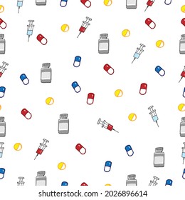Medical Essentials Seamless: Convey the essence of medical essentials with this seamless pattern. Featuring icons of injections, pills, and medicine bottles on a white background, it's perfect design
