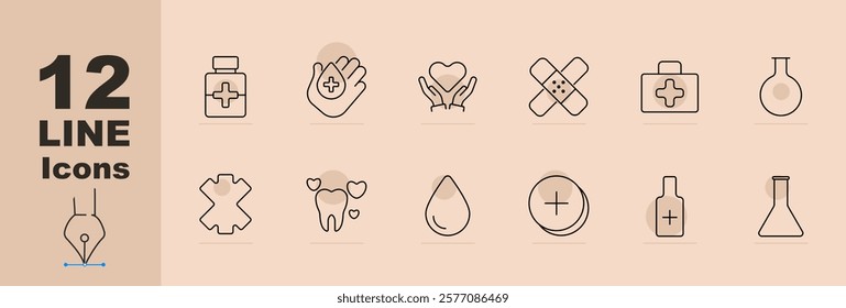 Medical essentials set icon Medicine jar, healthcare hands, heart, bandage, first aid kit, flask, cross patch, tooth care, water drop, plus button, flask bottle. Medical, first aid, diagnosis