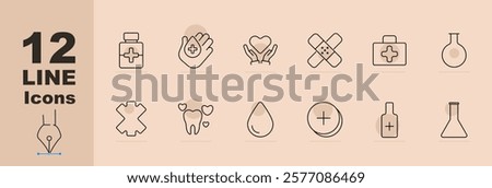 Medical essentials set icon Medicine jar, healthcare hands, heart, bandage, first aid kit, flask, cross patch, tooth care, water drop, plus button, flask bottle. Medical, first aid, diagnosis