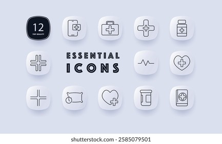 Medical essentials set icon. Online consultation, first aid kit, medical cross, prescription bottle, heartbeat, wellness, emergency care, medication, health monitoring, digital records