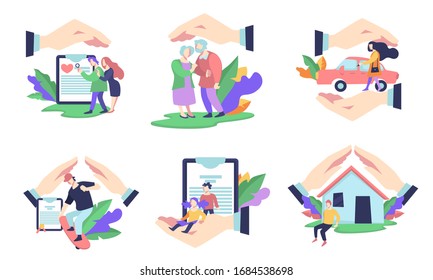 Medical or estate insurance, individual and family pack isolated icons vector. Health and property security, medicine service, emergency. Children and elderly or injury protection, house and car