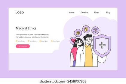 Medical Ethics concept. A portrayal of healthcare professionals upholding patient happiness and rights, symbolized by a protective shield. Flat vector illustration.
