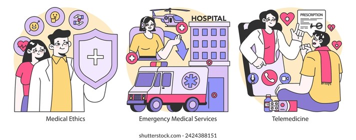 Medical Ethics and Emergency Response set. Upholding patient rights, providing urgent care, advancing remote health consultations. Essential medical scenarios depicted. Flat vector illustration.