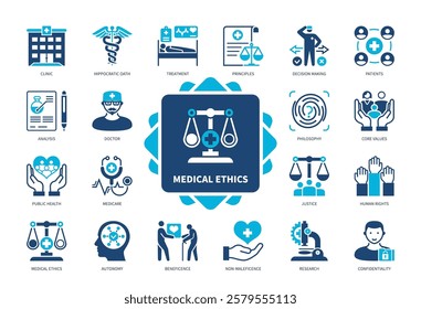 Medical Ethics icon set. Hippocratic Oath, Clinic, Patients, Medicare, Autonomy, Beneficence, Doctor, Non Maleficence. Duotone color solid icons