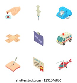 Medical evacuation icons set. Isometric set of 9 medical evacuation vector icons for web isolated on white background