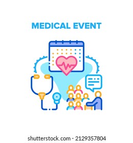 Medical Event Vector Icon Concept. Doctor And Scientist Conference Or Educational Lecture Medical Event. Medicine Workers Meeting And Education Learning Seminar, Audiance In Class Color Illustration