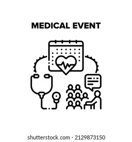 Medical Event Vector Icon Concept. Doctor And Scientist Conference Or Educational Lecture Medical Event. Medicine Workers Meeting And Education Learning Seminar, Audiance In Class Black Illustration