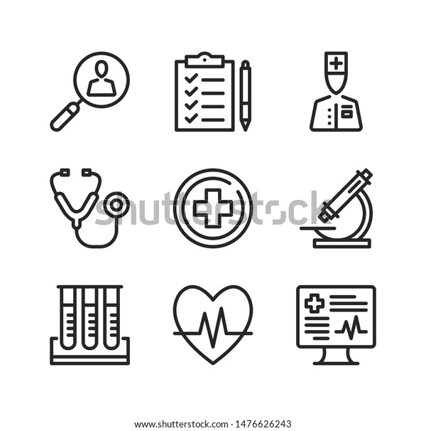 Medical exam\
line icons. Health checkup, medical examination, check up,\
screening concepts. Simple outline symbols, modern linear graphic\
elements collection. Vector line icons\
set