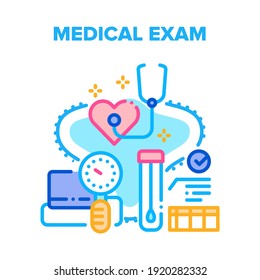 Concepto de icono del vector del examen médico. Examen Médico Del Paciente Salud Cardíaca Y Ritmo Con Estetoscopio Y Equipo Médico De Medición De Presión, Análisis De Investigación Laboratoria Ilustración De Color