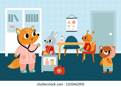 Medical examination. Animal characters in hospital. Fox doctor examines patients. Bunny at appointment with physician. Squirrel and bear in office. Visit to pediatrician