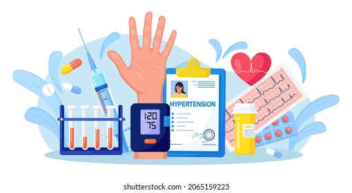 Medical examination and cardiology checkup. Tonometer, sphygmomanometer. Hypotension and hypertension disease. Measuring high blood pressure, test tubes, medicines, syringe and patient medical card