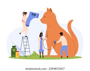 Medical examination of cat in veterinary clinic. Tiny people check health of giant cute red kitten, veterinarian holding infrared thermometer and stethoscope on checkup cartoon vector illustration