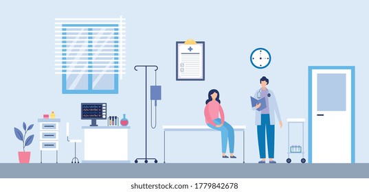 Medical examination or medical check up in a hospital room. The doctor reviews the patient's medical history. The patient is sitting on the couch. Flat vector illustration of a medical interior.