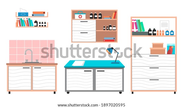 Medical examination or medical check up\
interior room, veterinary care flat design vector illustration.\
Interior and equipment of a veterinary office table, shelves with\
books and medicines,\
washstand