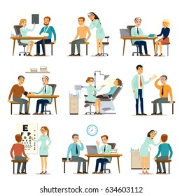Medical examination collection with people visiting different doctors for health diagnostic isolated vector illustration 
