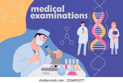 Medical examination composition with collage of flat images with dna molecular structure scientist with lab equipment vector illustration