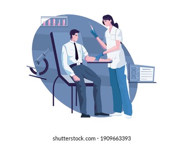 Medical Examination Composition With Flat Characters Of Patient With Doctor Holding Syringe Vector Illustration