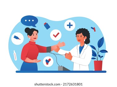 Medical examination concept. Regular check ups and health care. Patient came to visit doctor. Medical assistance, diagnosis and choice of best treatment method. Cartoon flat vector illustration