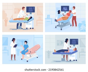 Medical examination and consultation flat color vector illustrations set. Scanning technology. Treatment. Fully editable 2D simple cartoon characters with hospital office on background pack