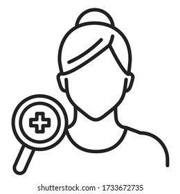 Medical examination dermatologist line black icon. Faceless girl and magnifier. Isolated vector element. Outline pictogram for web page, mobile app, promo.