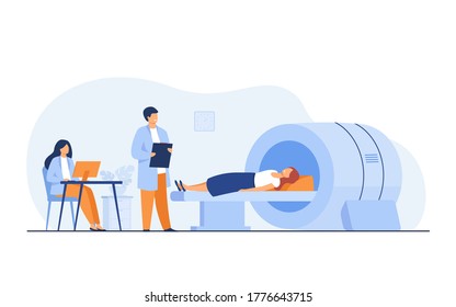 Medical examination and diagnosis concept. Doctor scanning patient brain, using medical tomography machine for diagnosis oncology disease. Can be used for hospital, radiology, technology topics