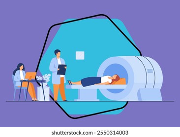 Medical examination and diagnosis concept. Doctor scanning patient brain, using medical tomography machine for diagnosis oncology disease. Can be used for hospital, radiology, technology topics