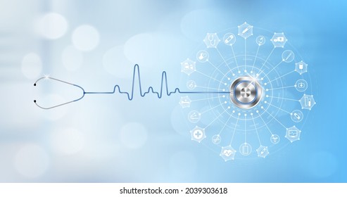 Medical examination diagnostic. Stethoscope and icon medical network connection with modern virtual screen interface, medical technology network concept. On blurred background. Realistic 3D Vector.