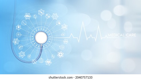 Medical examination diagnostic. Stethoscope and icon medical network connection with modern virtual screen interface, medical technology network concept. On blurred background. Realistic 3D Vector.