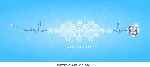 Medical examination diagnostic. Stethoscope and icon medical network connection with modern virtual screen interface, medical technology network concept. On blurred background. Realistic 3D Vector.