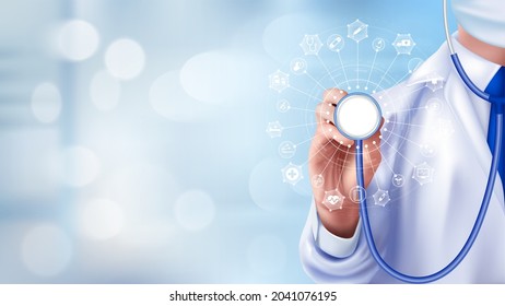 Medical examination diagnostic. Stethoscope medical network connection with modern virtual screen interface and icon, medical technology network concept. blurred hospital background. 3D Vector.