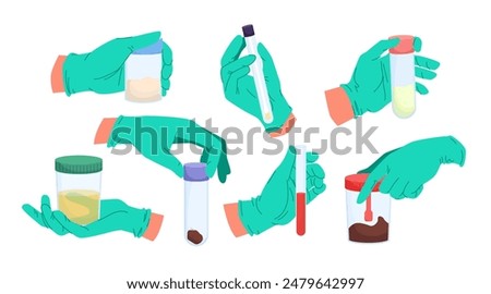 Medical examination of different types of human fluids set. Doctors hands in green gloves holding containers with samples of urine and blood, stool and semen analysis cartoon vector illustration