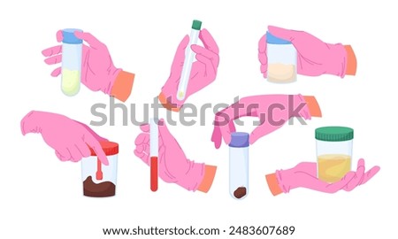 Medical examination of different types of human fluids set. Doctors hands in green gloves holding containers with samples of urine and blood, stool and semen analysis