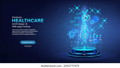 Medical examination DNA molecule, biological information, genetic code. 3D Hi-tech medical examination of human analyzes, identification of predisposition to diseases. 3D hologram DNA molecule.
