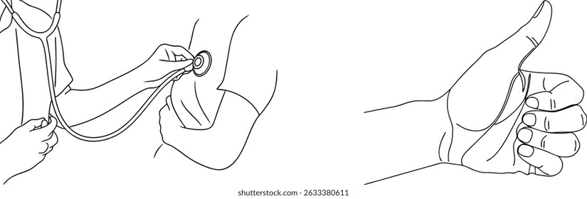 Medical examination with doctor using stethoscope and patient shows an affirmative thumb up sign