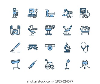 Medical examination equipment flat line icon set blue color. Vector illustration diagnostic tools. Symbols for a complete survey of patients. Editable strokes