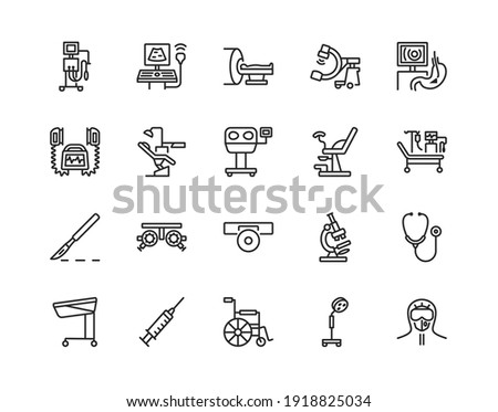 Medical examination equipment flat line icon set. Vector illustration diagnostic tools. Symbols for a complete survey of patients. Editable strokes.