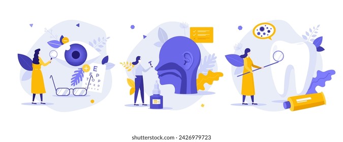 Conjunto de ilustraciones vectoriales de concepto plano de examen médico. Composición de caricaturas de oftalmología, otorrinolaringología y odontología. Idea creativa del servicio médico del paciente para el sitio web, móvil, presentación