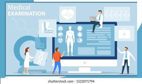  ärztliche Untersuchung. Gruppe von Ärzten, die eine ärztliche Untersuchung eines Patienten durchführen. Online-ärztliche Untersuchung auf einem Computer-Bildschirmschoner. Vektorgrafik, Vektorgrafik.