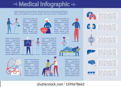 Medical Examination And Health Care Infographic Set With People Characters Getting Aid. Population Health And Diseases Statistics Or Medical Insurance Presentation Bundle. Flat Vector Illustration.