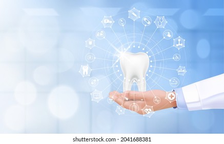 Medical examination healthy teeth. Icon medical network connection with modern screen interface, Medical concept. Dentist stomatologist modern technology.  Realistic 3D Vector.