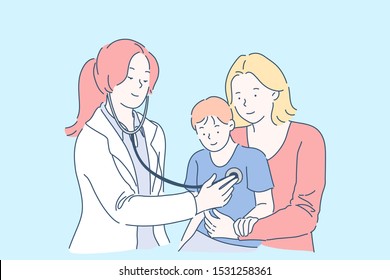 Medical Examination In Hospital Concept. Doctor Listening To Child Chest, Checking Heartbeat Using Stethoscope, Mother And Son Visiting Female Pediatrician. Simple Flat Vector